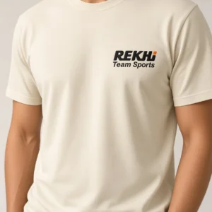 Rekhi Team Sports 100% Cotton T-Shirt — Flat Embroidery — front worn — OEM custom apparel